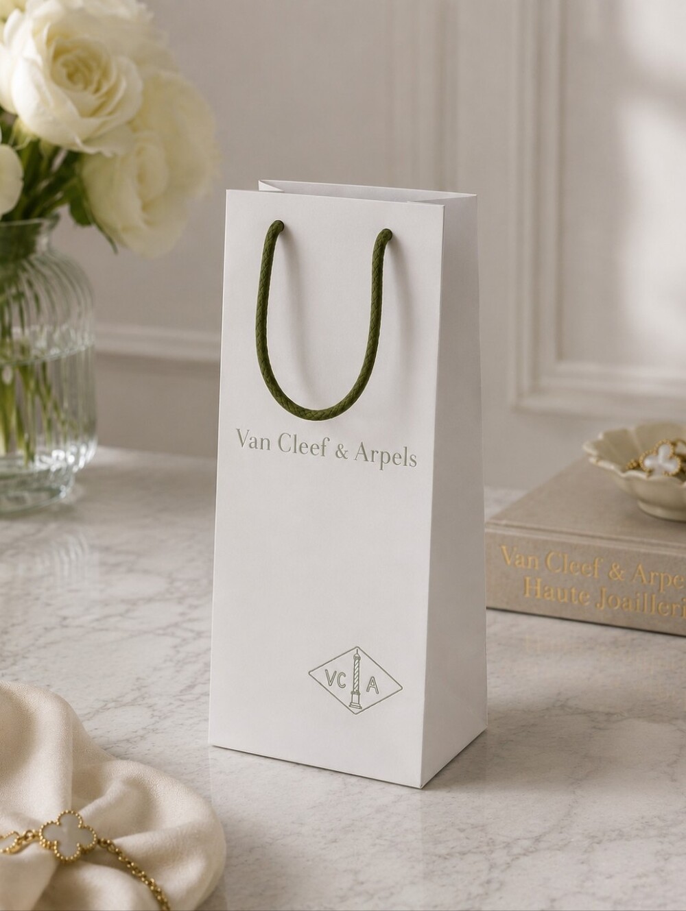 Van Cleef & Arpels White Bag with Green Handles